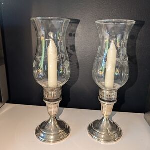 Towle Vintage Sterling Silver Hurricane Lamps with Etched Glass